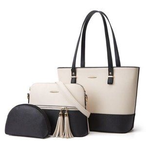 Fashionable Tote Handbag Crossbody & Utility 3 In 1 Set Black Cream W/Free Gift